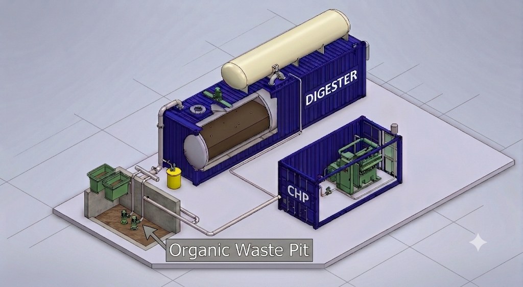 Illustration technique isométrique d'une installation de biogaz modulaire en conteneurs : fosse à déchets organiques, digesteur avec gazomètre et conteneur de cogénération.